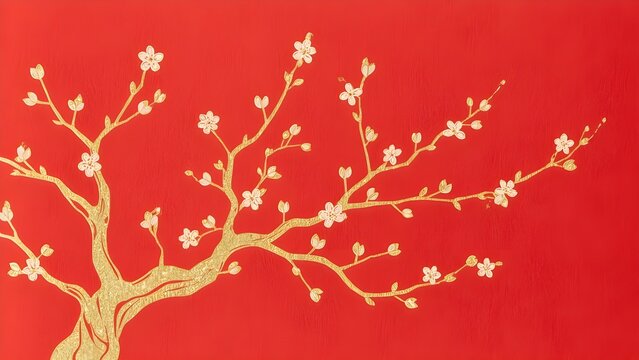 This elegant illustration features a golden cherry blossom tree with delicate white flowers and buds extending across a vivid red background. The design blends traditional Asian aesthetics with a mode