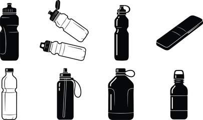 Set of various sports water bottles and drink containers in a simple black and white illustration style