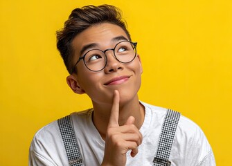A young person wearing glasses, a white shirt, and suspenders, pointing upwards with an idea on a yellow background