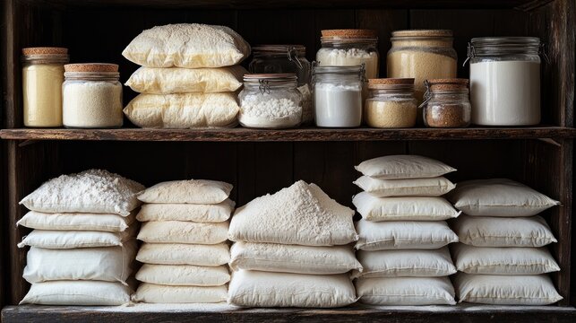 Two wooden shelves stocked with various flour and grain products in bags and jars