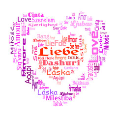 Word cloud with the word love in different languages (for example: liebe, love, amor, amour, amore, Agápi) on a transparent background. Different shades of red, purple and pink