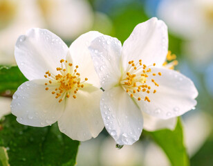 Obraz premium Close-up of Two White Jasmine Flowers with Water Droplets and Yellow Stamens