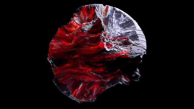 3d render of abstract art video animation of surreal damaged stone metal mineral rock asteroid planet with rough grunge texture with neon glowing red burn glowing color parts on black background