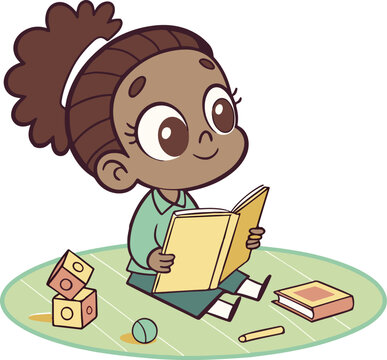 A little girl reading a book with deep focus, representing love for learning, imagination, and childhood literacy.