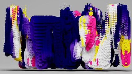 3d render abstract video 3d background wallpaper with surreal rectangular flying objects based on small circles torus spheres rings in different sizes and shapes in purple blue yellow white mix color - Powered by Adobe
