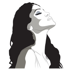 A high-contrast, stylized illustration of a woman looking upwards with her eyes closed. Her long dark hair cascades down, creating a sense of tranquility, pleasure, or peaceful contemplation.

