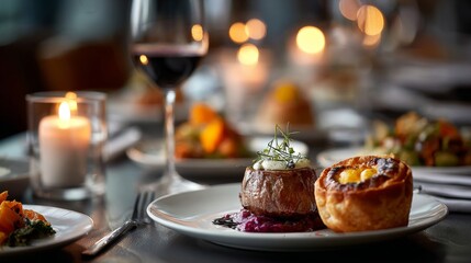 Naklejka premium Top-view of a gourmet meal served in an upscale restaurant, featuring artistic food presentation, fine cutlery, and stylish table decor.