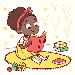 A smiling young girl sits reading a book in a cozy indoor space, symbolizing the joy of childhood curiosity and peaceful learning moments.