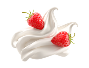 A swirl of creamy white yogurt with two strawberries floating above it isolated on a transparent background