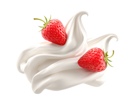 A swirl of creamy white yogurt with two strawberries floating above it isolated on a transparent background