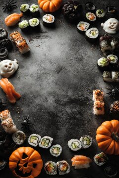 Halloween-themed sush on a black background with copy space. Creative fusion of spooky decor and Japanese cuisine for seasonal promotions or party Halloween menus.