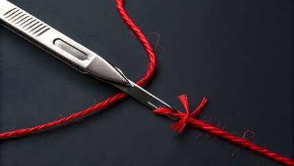 Medical Scalpel Cutting Red Thread &ndash; Symbolic Conceptual Photo Representing Surgery, Disease, Healing, or Medical Intervention in High Contrast