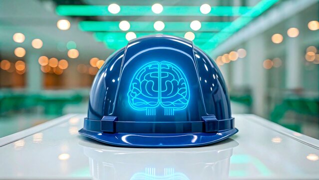 Blue safety helmet with digital brain hologram for innovation and protection