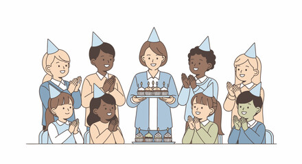 A group of diverse children wearing birthday hats clapping for a woman holding a birthday cake with candles.