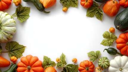Obraz premium Autumn-themed frame with various-sized orange and white pumpkins and green leaves. White center provides space for text, logo, or slogan. Perfect for Thanksgiving, Halloween