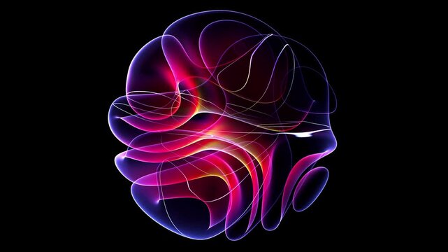 3d video animation of surreal mystic alien ball or sphere sculpture in curved, wavy organic lines forms in deformation process in translucent matte plastic material with blue neon laser round stripe