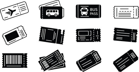 Fototapeta premium Set of diverse ticket icons representing travel and events in a simple black and white sketch style