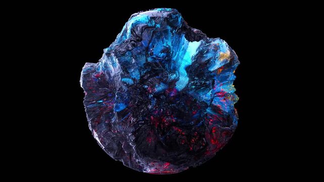 3d render of abstract art video animation of surreal damaged stone metal mineral rock asteroid planet with rough grunge texture with neon glowing red and blue mix color parts on black background