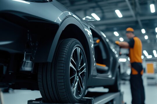 Changing car tire in a professional workshop during daytime operations