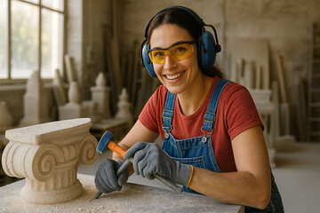 Female sculptor working on stone column in workshop during daylight, showcasing craftsmanship and creativity in art