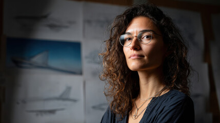 aerospace engineer stands confidently in front of intricate blueprints embodying spirit of innovation