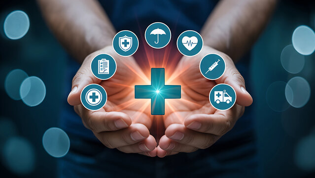 Hand holding a luminous medical cross surrounded by healthcare and insurance service icons.