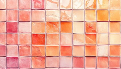 Close-up view of a wall covered in small, square, multicolored tiles in various shades of coral and peach