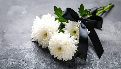 White chrysanthemum flowers with black ribbon