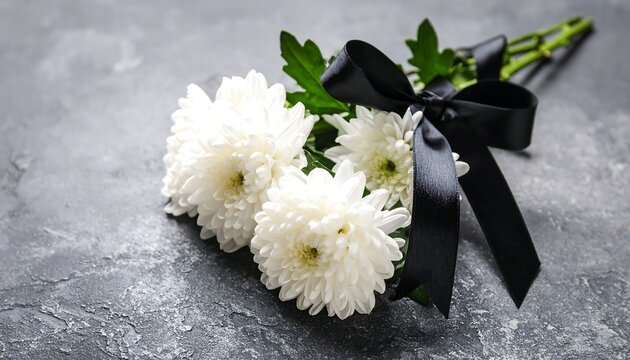 White chrysanthemum flowers with black ribbon