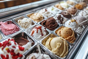 Delicious assortment of gelato flavors in a vibrant ice cream display case