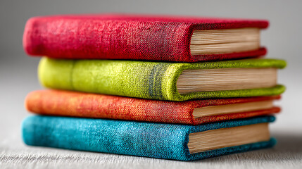 Stack of colorful fabric covered books close up on a gray surface