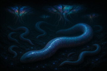 surreal underground view of massive glowing worms slithering through glowing starry soil,