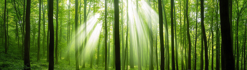 A panoramic view of a dense green forest with tall trees as sunlight dramatically streams through the leaves. Concept of natural beauty, tranquil woods, light and shadow, forest panorama.