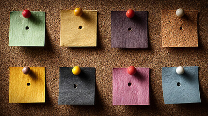 Colorful Paper Squares Pinned to a Cork Board with Round Push Pins
