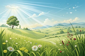 Obraz premium Vibrant green rolling hills under a bright sunlit sky with wildflowers in the foreground