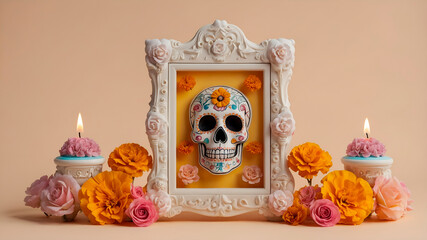 A small Day of the Dead altar in kawaii 3D style, featuring candles, marigolds, and sugar skulls. Soft colors and minimal design make it visually soothing and symbolic.