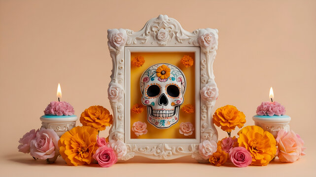 A small Day of the Dead altar in kawaii 3D style, featuring candles, marigolds, and sugar skulls. Soft colors and minimal design make it visually soothing and symbolic.