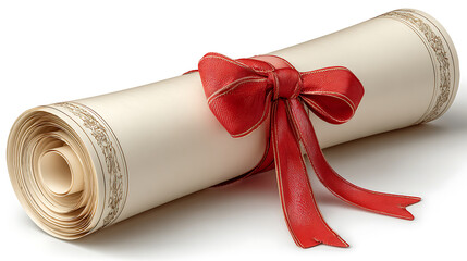 Rolled Diploma with Red Ribbon on White Background Graduation Concept
