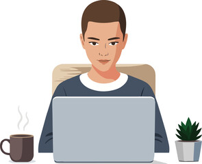 Young man smiling and working on his laptop in an office
