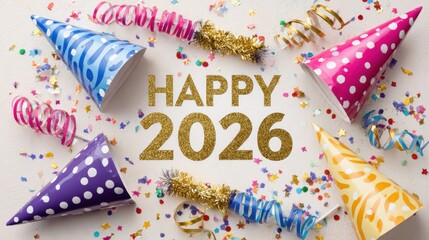 Obraz premium Festive party hats, confetti, and Happy 2026 text on a light background