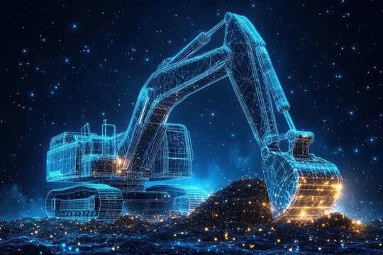 Digital representation of an excavator working on a construction site during the night - Powered by Adobe