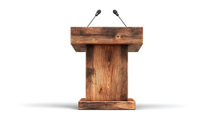Wooden Podium with Microphones Isolated on White Background for Speech or Presentation