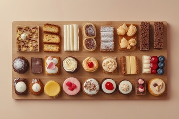 Delightful dessert flat lay featuring an array of cakes and pastries on a wooden board