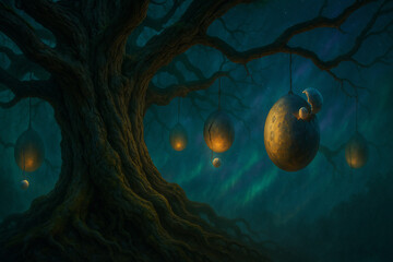 Cosmic Fantasy Alien Tree with Baby Planet Eggs