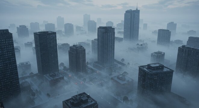 Urban Enigma: Fog-Shrouded Cityscape with Skyscrapers Emerging from Haze