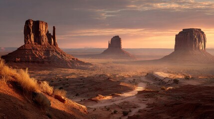 Fototapeta premium Desert buttes at sunrise. Vast, ochre landscape bathed in golden light