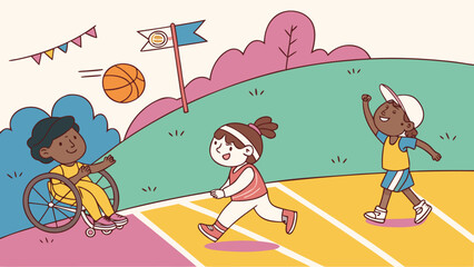 Fototapeta premium Inclusive sports day featuring children playing basketball and running on a track in a park setting