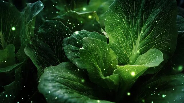 Green leafy plant with a lot of green leaves. The leaves are covered in tiny specks of light. close-up of lettuce leaves with highlighted pathogenic cells, dark dramatic tone, salmonella outbreak