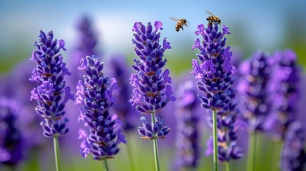Naklejka premium Vibrant lavender field with bees