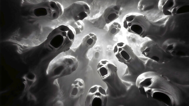 Terrifying human souls in purgatory, souls suffering in agony
